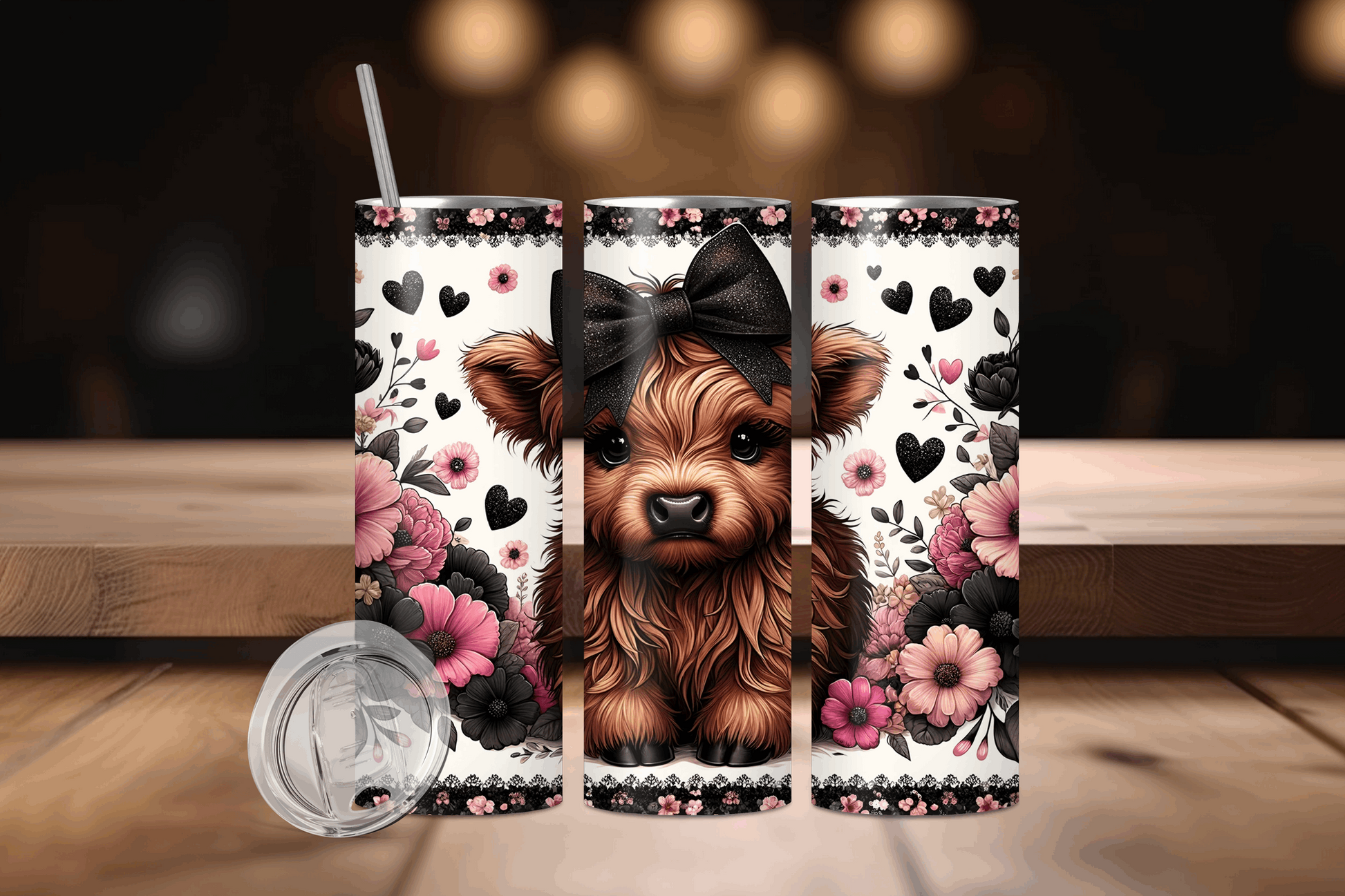 20oz Little Cow With Black Bow and Flowers Tumbler