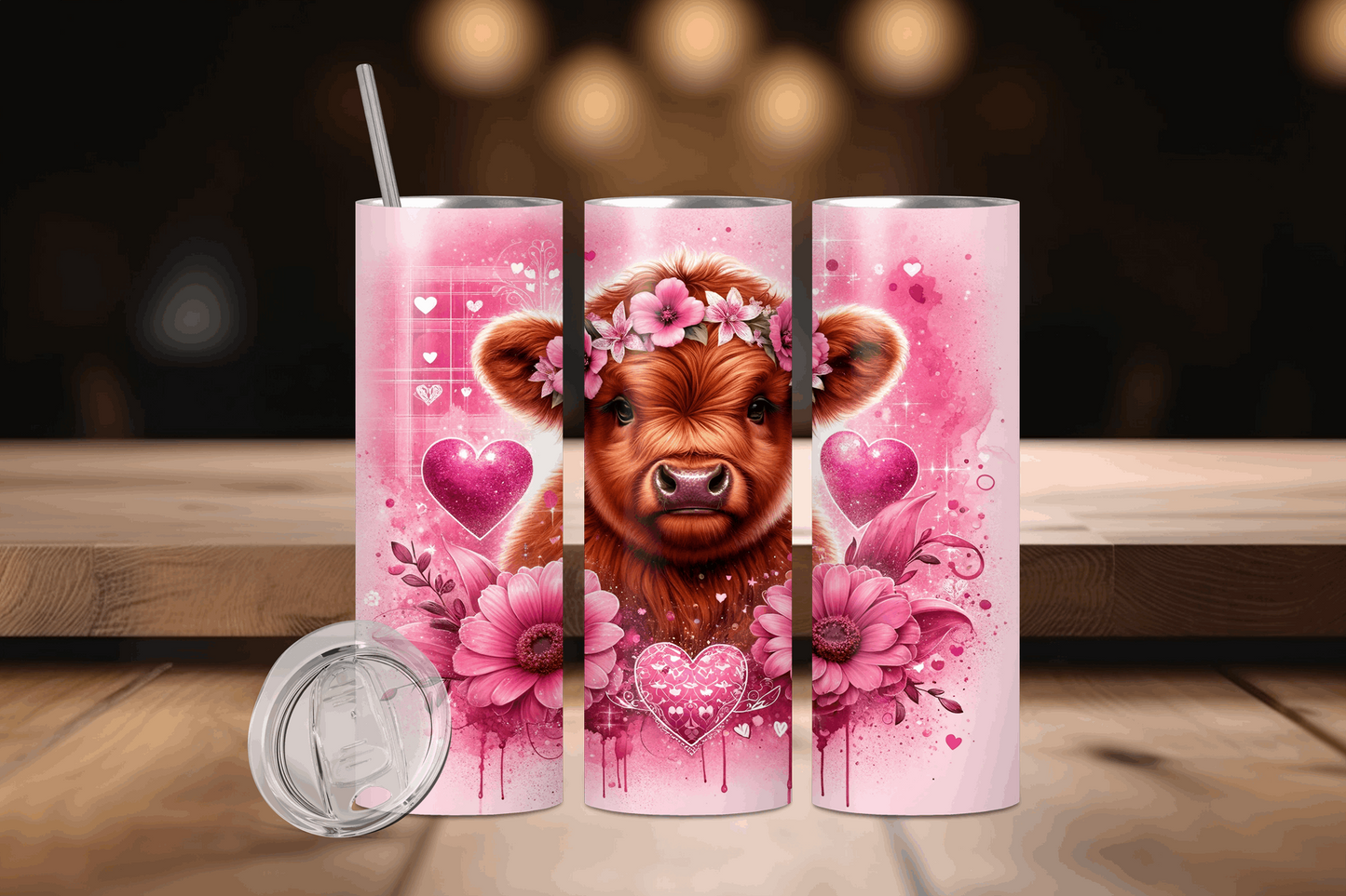 20oz Cow with Pink Hearts & Flowers Tumbler