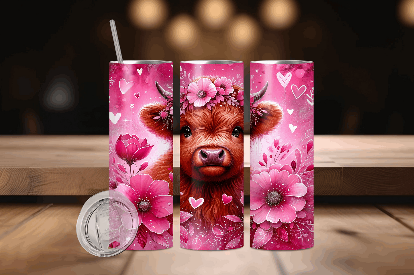 20oz Cow Pink and Hearts Tumbler