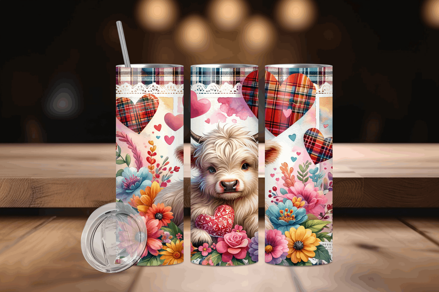 20oz White Cow with Plaid Hearts Tumbler