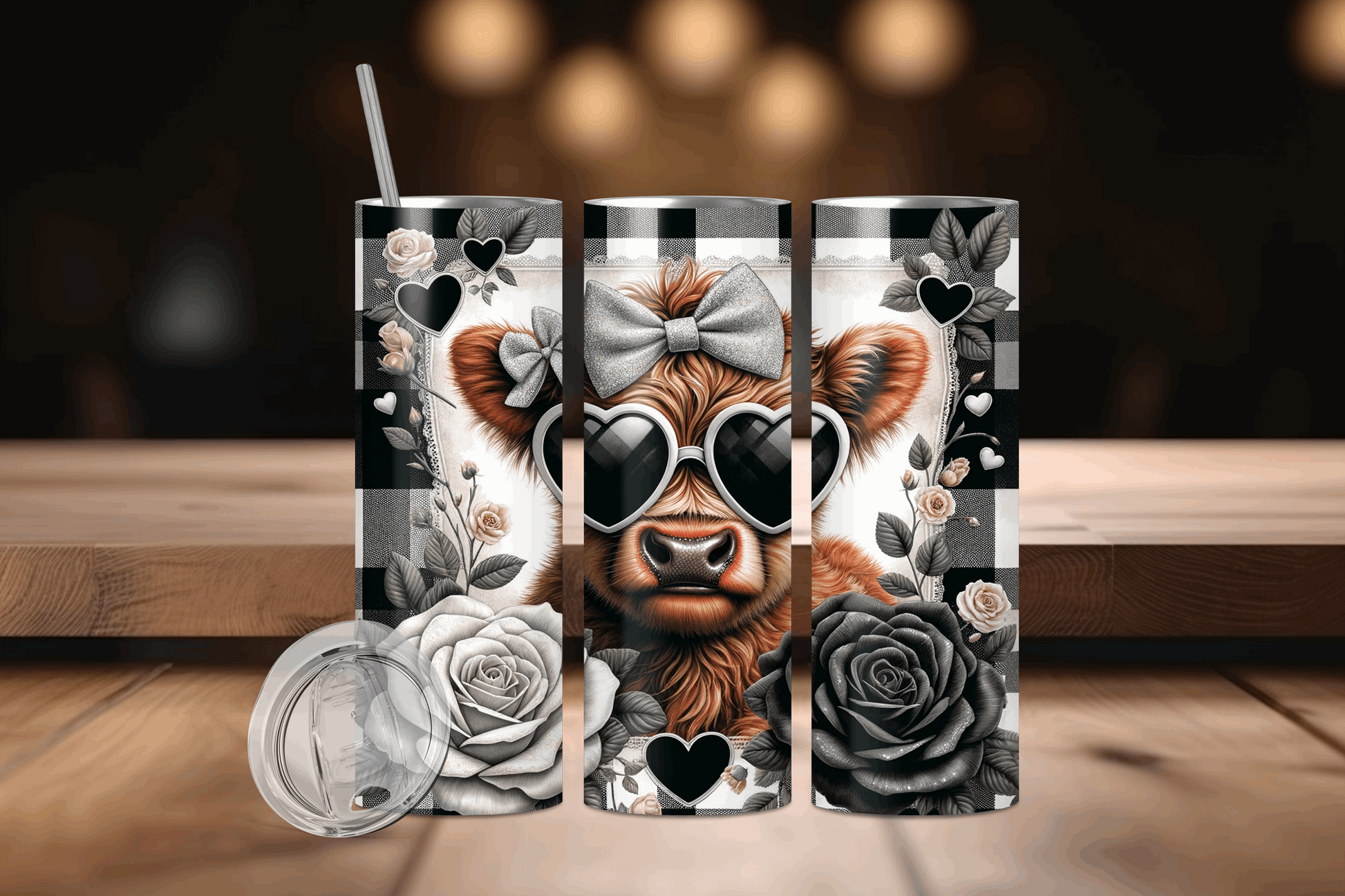 20oz Cow with Black & White Roses Tumbler