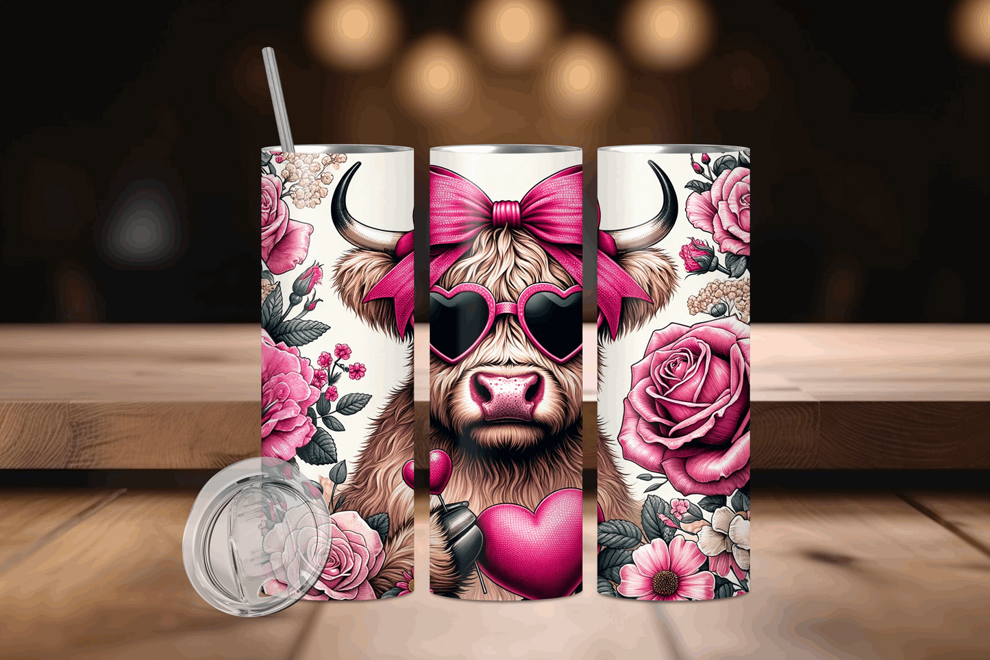 20oz Cow with Pink Heart Glasses Tumbler