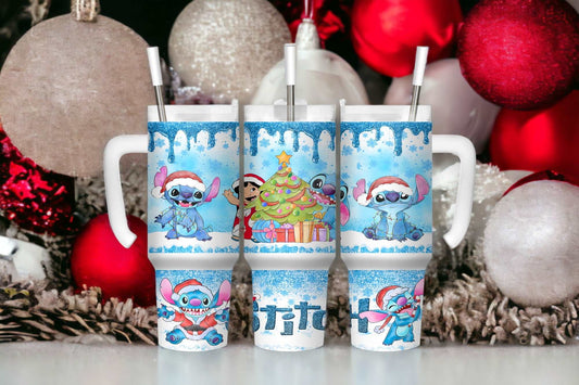 20oz Tumbler with Handle Blue Christmas Stitch