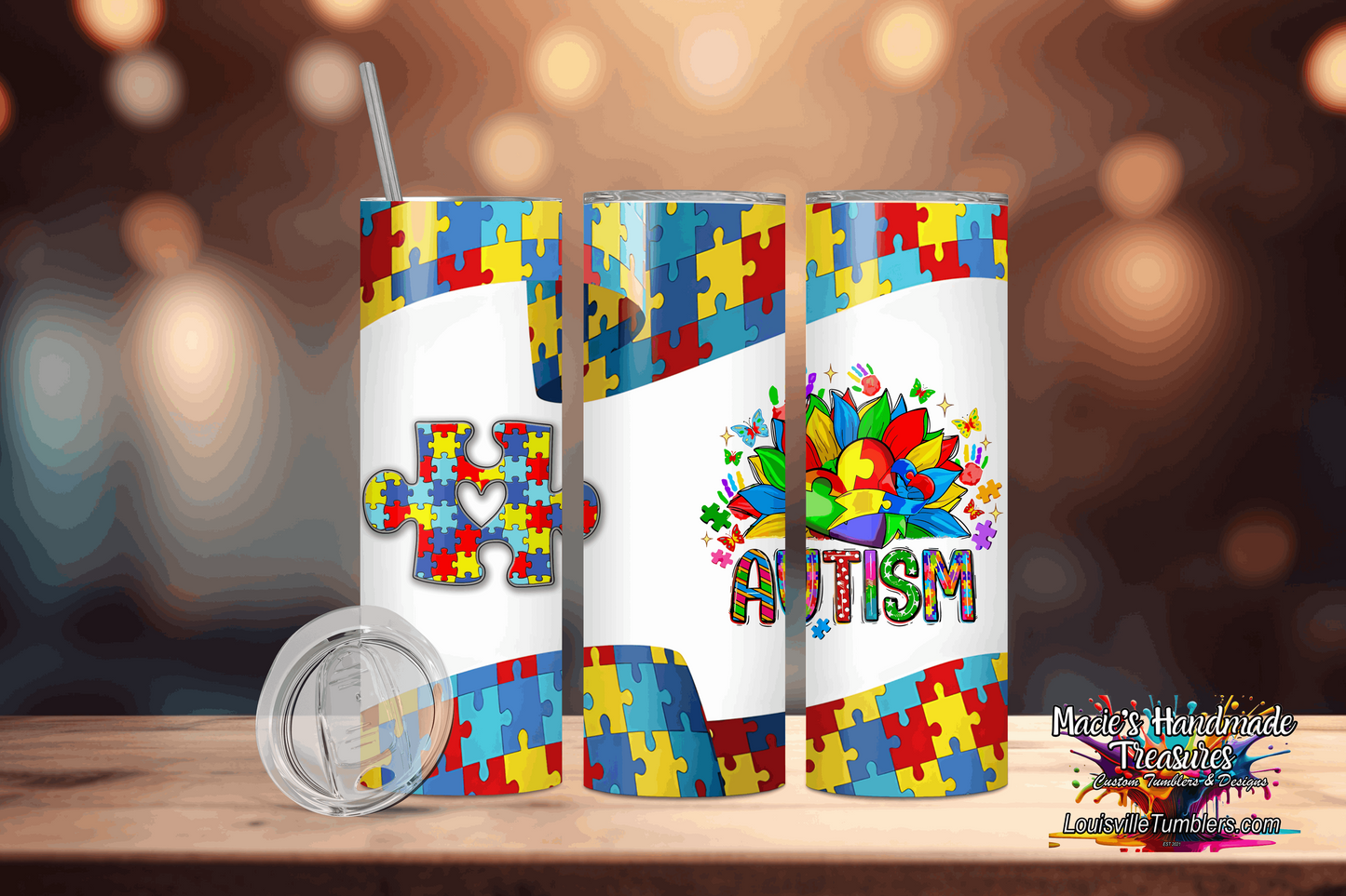 20 oz Autism Puzzle Heart Flower Tumbler