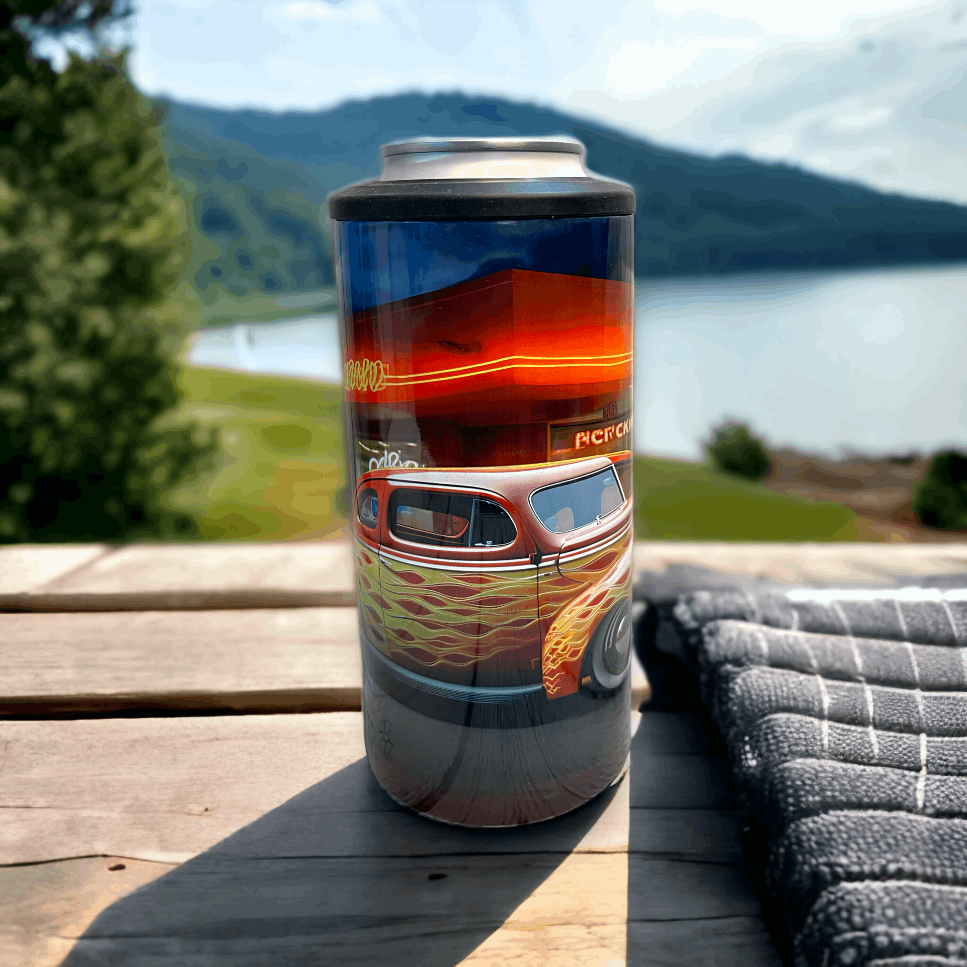 4 in 1 Can/Bottle Koozie Hot Rod with Flames