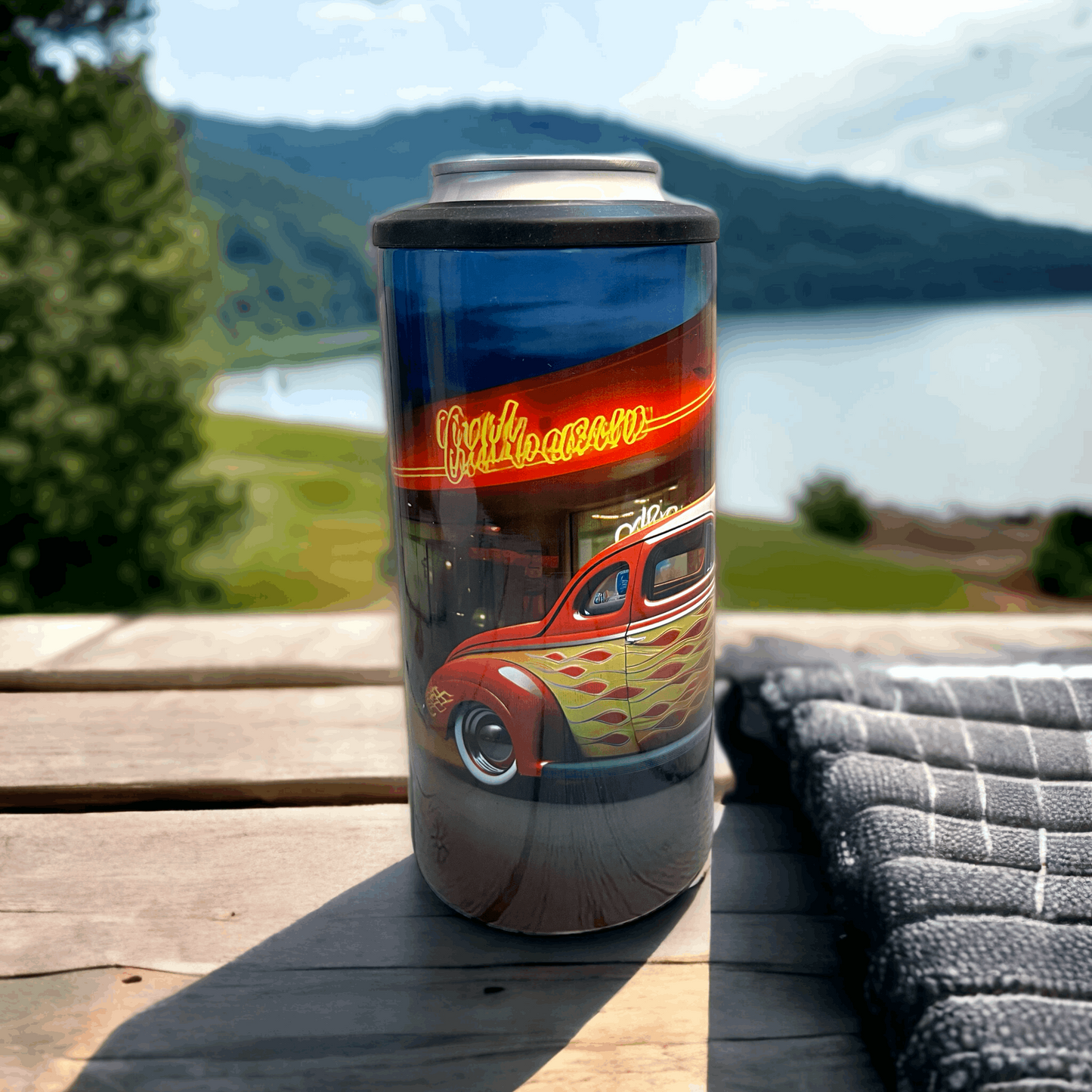 4 in 1 Can/Bottle Koozie Hot Rod with Flames