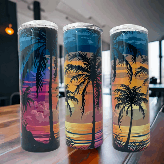 20oz Tumbler Palm Trees, Sunset, Beach View