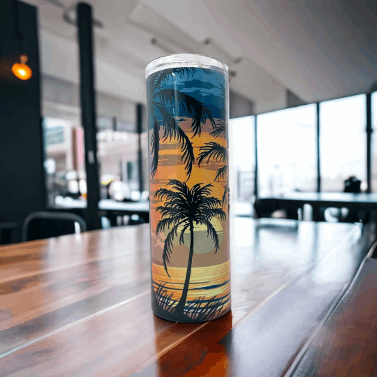 20oz Tumbler Palm Trees, Sunset, Beach View