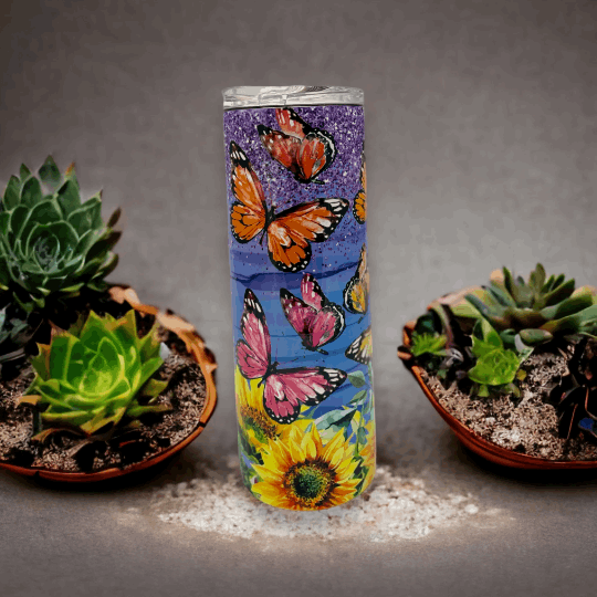 20oz Tumbler, Sunflowers, Butterflies