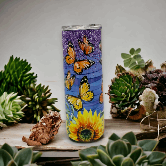 20oz Tumbler, Sunflowers, Butterflies