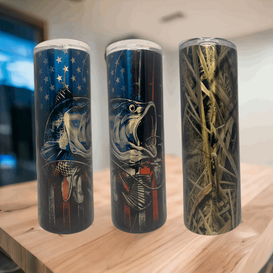 20oz Tumbler, American Flag, Bass, Fishing, Camo